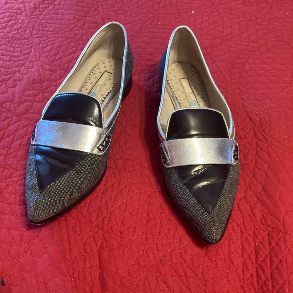 BODEN - LOAFERS BLACK PATENT, HERRING BONE & SILVER w/ LEATHER SOLES size 38